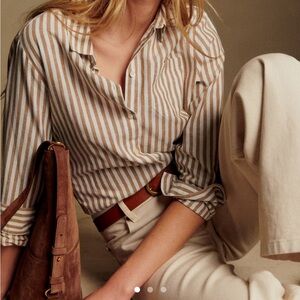 Sezane Beige and White Striped Button Down Shirt